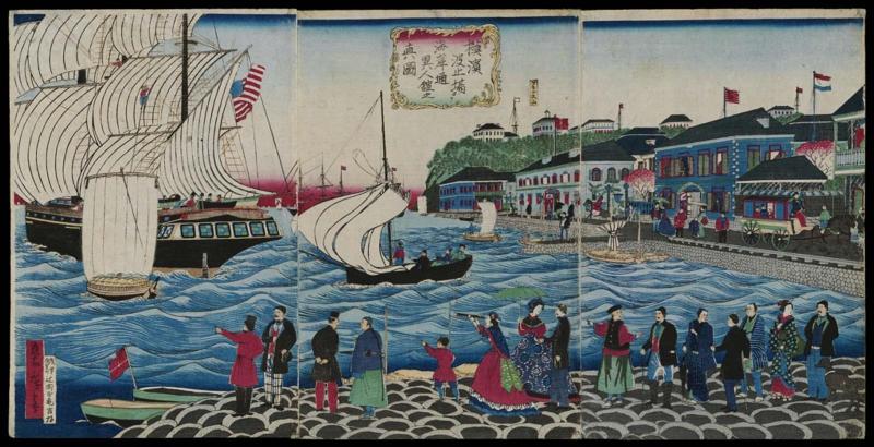 True View of the Foreign Buildings along the Kaigandôri Seen from the Yokohama Wharves (Yokohama hatoba yori kaigandôri ijinkan no shinzu)