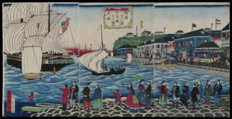 True View of the Foreign Buildings along the Kaigandôri Seen from the Yokohama Wharves (Yokohama hatoba yori kaigandôri ijinkan no shinzu)