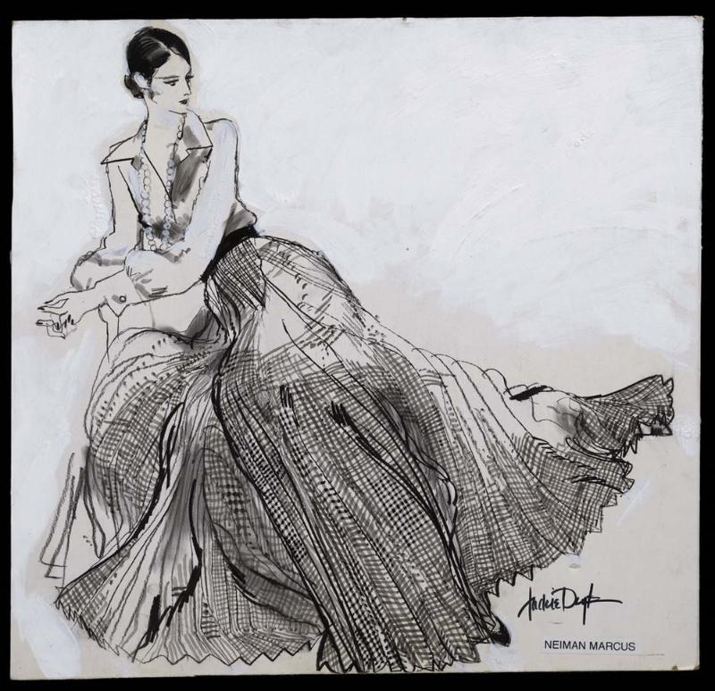 Seated woman in long full patterned skirt
