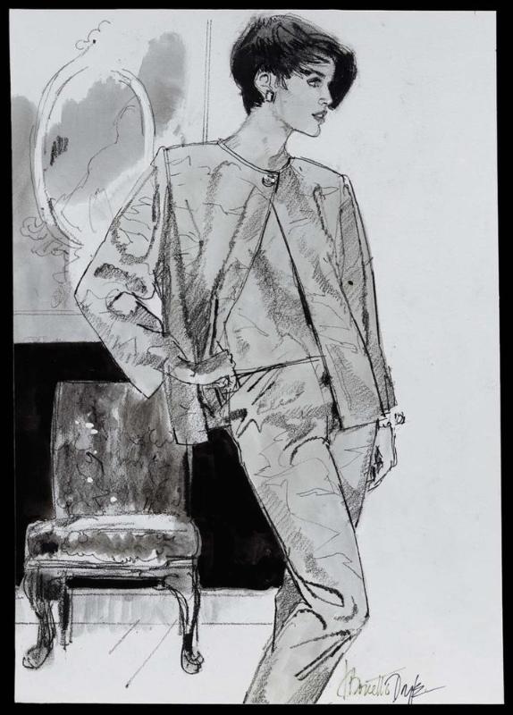 Model in three-piece pant suit