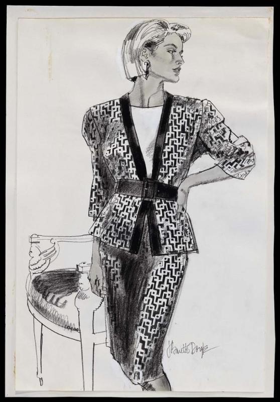 Model in geometric print suit