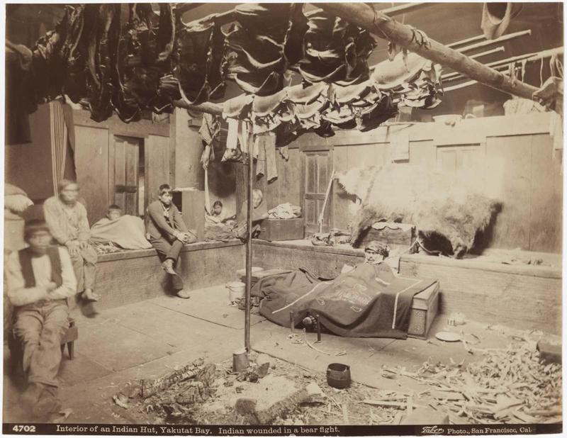 Interior of an Indian Hut, Yakutat Bay. Indian wounded in a Bear Fight