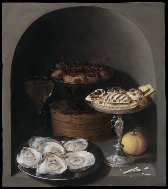 Still Life with Oysters, Sweetmeats, and Dried Fruit in a Stone Niche