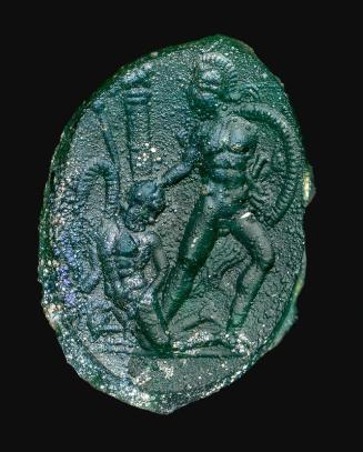 Oval gem with young warrior seizing fallen enemy
