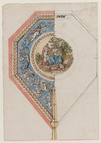 Design for a fan or hand screen depicting the musical contest of Apollo and Marsyas
