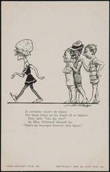 It certainly wasn't de riguer
For those chaps on the beach all to snigeur.
They said, "Oh, my eye!"
As Miss Withered skipped by,
"That's an improper fraction - that figuer." 14150