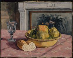 Bowl of Pears, Bread, and a Glass on a Table