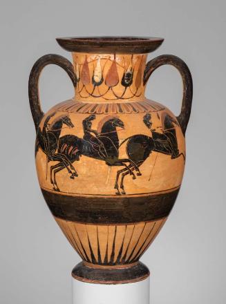 Two-handled jar (neck-amphora) with three youths on horseback (Side A) and two dancing youths between two sphinxes (Side B)