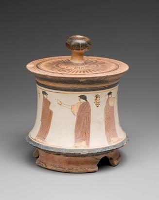 Lidded container (pyxis) with women and their wool