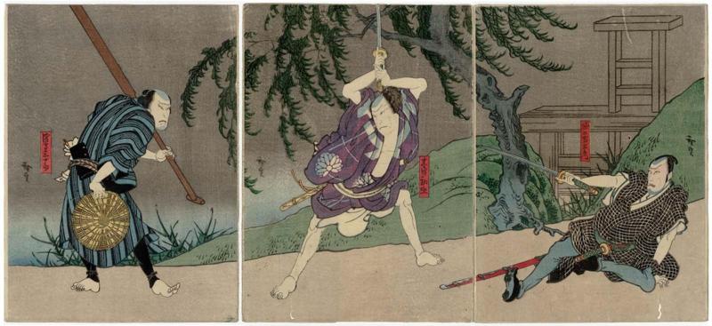 Actors Ichikawa Ebizô V as Horiguchi Manemon (R), Jitsukawa Enzaburô I as Kizu Kansuke (C), and Kataoka Ichizô I as the Ferryman (Watarimori) Sanjûrô (L)