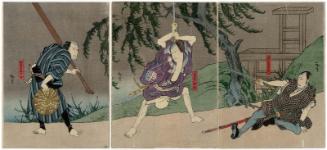 Actors Ichikawa Ebizô V as Horiguchi Manemon (R), Jitsukawa Enzaburô I as Kizu Kansuke (C), and Kataoka Ichizô I as the Ferryman (Watarimori) Sanjûrô (L)