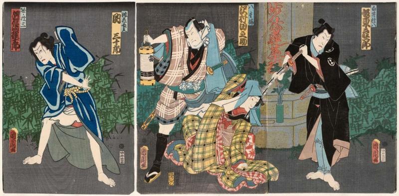 Actors Bandô Hikosaburô V as Shirai Gonpachi (R), Sawamura Tanosuke III as Yaeume, Seki Sanjurô III as Hokke Chôbei (C), and Kawarazaki Gonjûrô I as Sasano Gonza (L)
