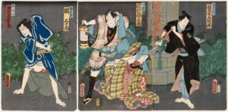 Actors Bandô Hikosaburô V as Shirai Gonpachi (R), Sawamura Tanosuke III as Yaeume, Seki Sanjurô III as Hokke Chôbei (C), and Kawarazaki Gonjûrô I as Sasano Gonza (L)