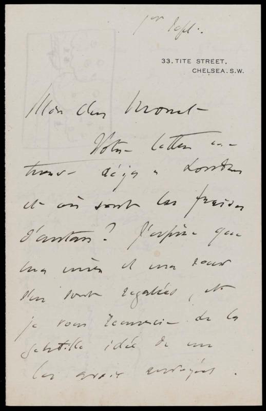 John Singer Sargent to Claude Monet, Sept. 1 [1891], from 33 Tite St., London, re his acquisiti…