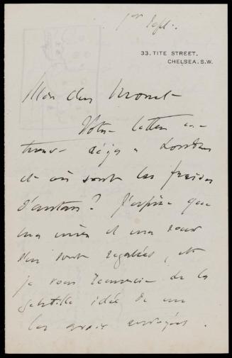 John Singer Sargent to Claude Monet, Sept. 1 [1891], from 33 Tite St., London, re his acquisiti…