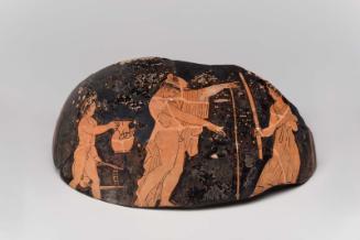 Fragment of a pitcher (oinochoe) with a drunken youth attended by a boy and a young woman