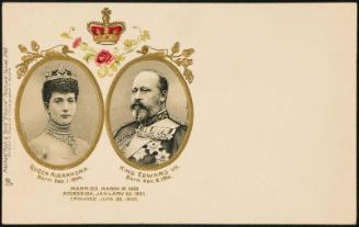 Queen Alexandra. Born Dec. 1. 1844. King Edward VII. Born Nov.1. 1841. 
Married March 10. 1863
Accession, January 22, 1901.
Crowned June 26, 1902.