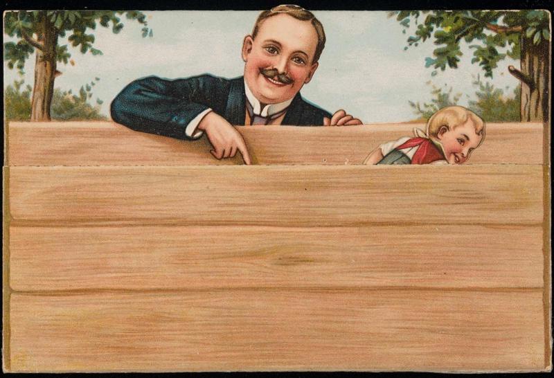 Man overlook a fence to a boy with a coin coming out of his clothes