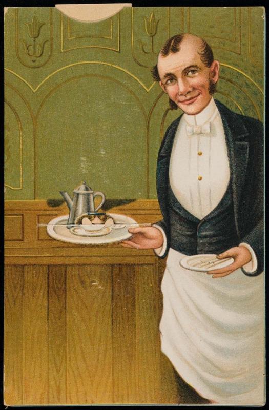 Waiter with tea service, pull tab reveals a woman in a blue dress