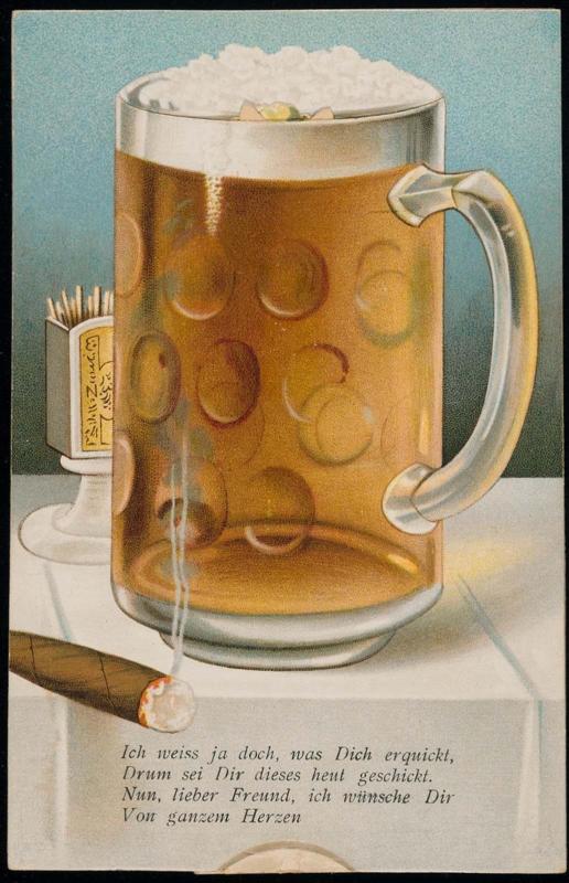 Large beer glass and cigar, pull tab reveals woman holding a beer glass