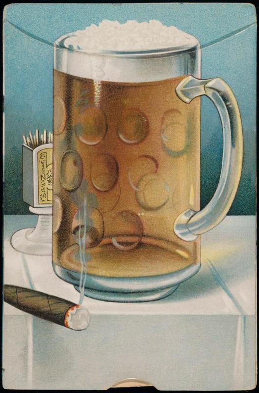 Large beer glass and cigar, pull tab reveals woman holding a beer glass