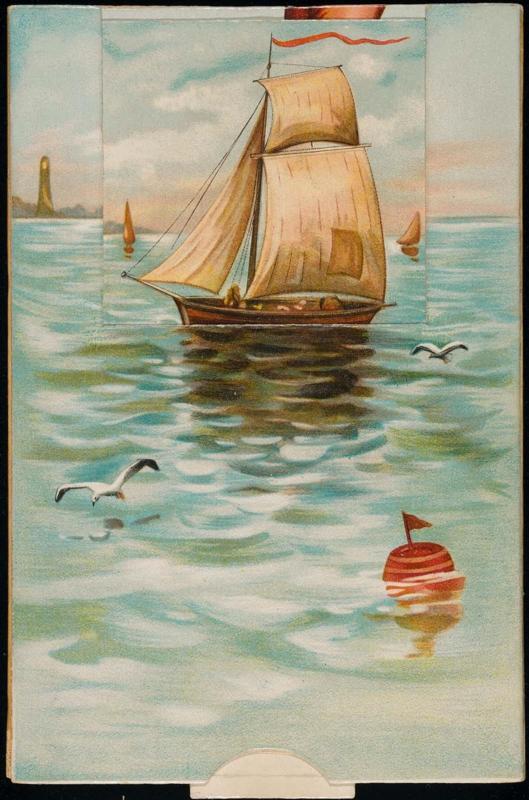 Sail boat at sea, pull tab reveals a woman in a red bathing suit