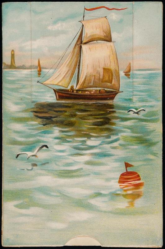 Sail boat at sea, pull tab reveals a woman in a red bathing suit