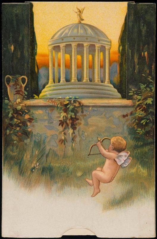 Cupid outside a gazebo, pull tab reveals a couple