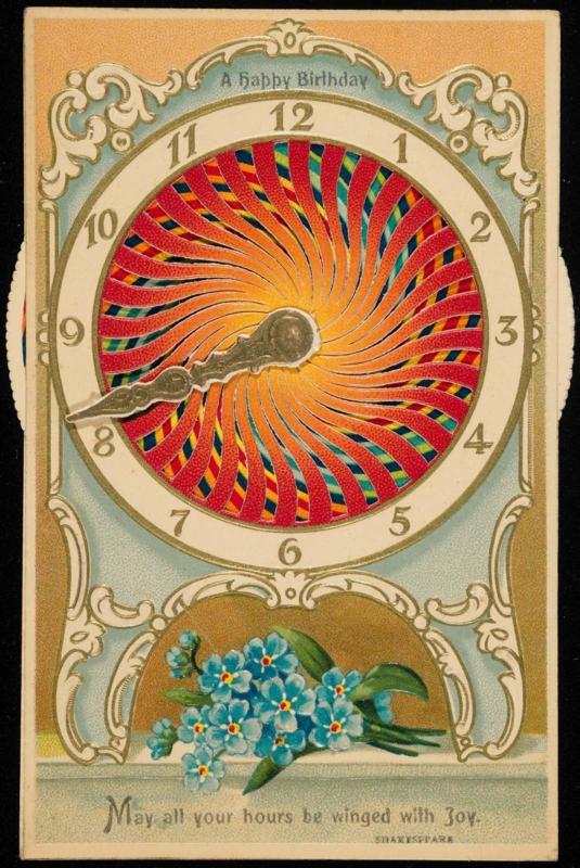 Kaleidoscopic card of a clock.