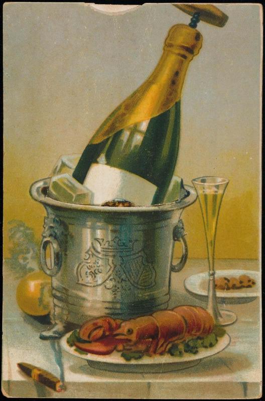 Bottle of wine, pull tab reveals a woman in a blue dress