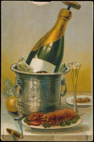 Bottle of wine, pull tab reveals a woman in a blue dress
