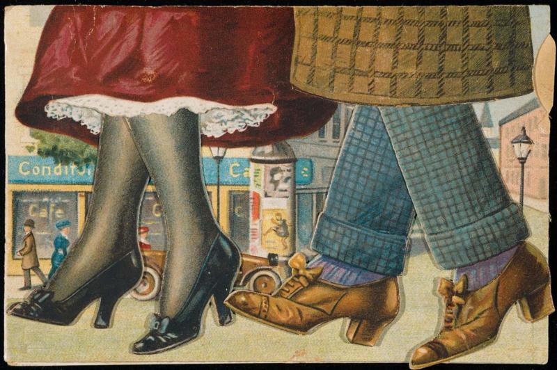 A man and a woman's legs, pull tab moves the legs