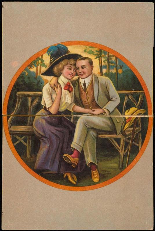 Couple sitting on a park bench, pull down reveals a man in a top hat sticking out his tounge