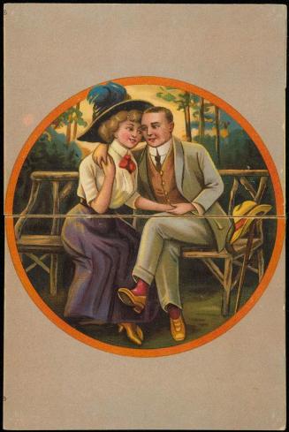 Couple sitting on a park bench, pull down reveals a man in a top hat sticking out his tounge
