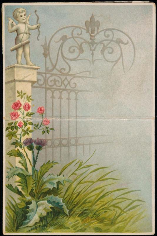 View of cupid at a park gate, pop up reveals a couple giving a champange toast