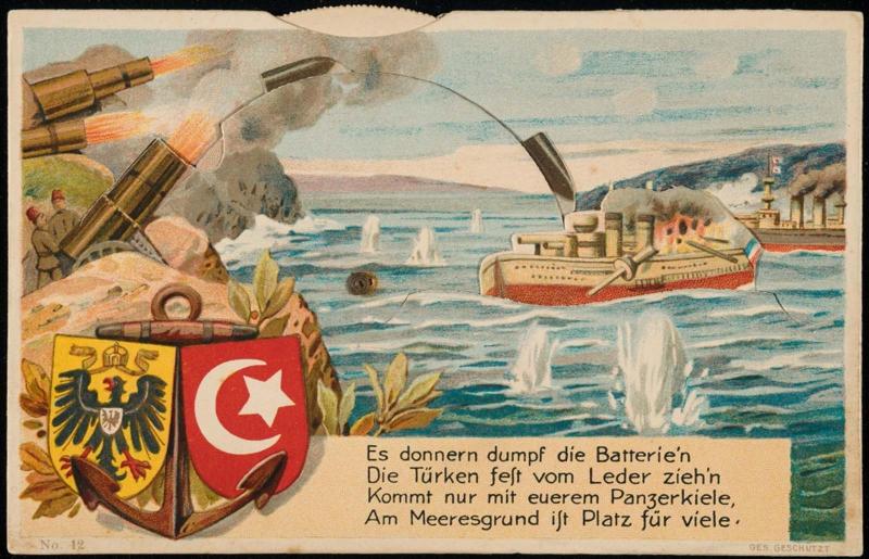 Es donnern dumpf die Batterie'n, Die Türken fest vom Leder zieh'n, Kommt nur mit euerem Panzerkiele, Am Meeresgrund ist Platz für viele.