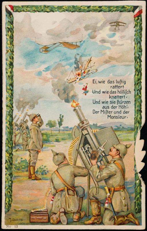 Ei, wie das lustig rattert Und wie das höllisch knattert, Und wie sie stürzen aus der Höh'. Der Mister und der Monsieur.