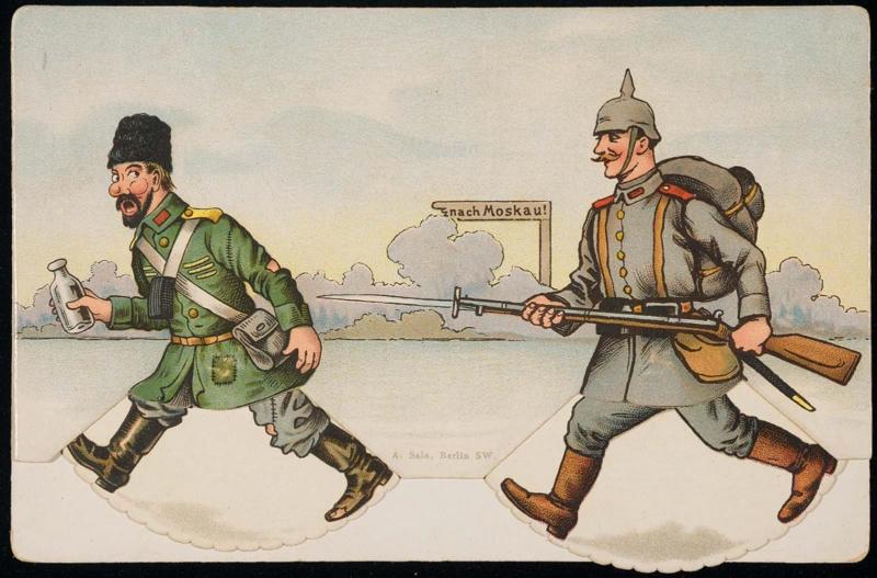 German soldier holding a rifle and marching a French soldier