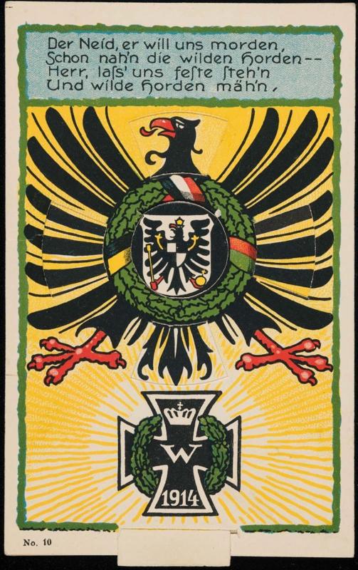 Der Neid, er will uns morden, Schon nah'n die wilden horden -- Herr, lass uns feste steh'n Und wilde horden mäh'n