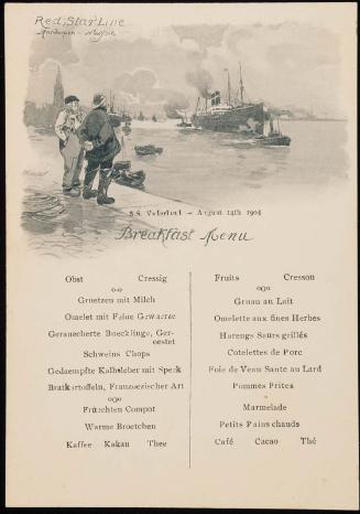 S.S. Vaderland, August 14th, 1904, Breakfast Menu