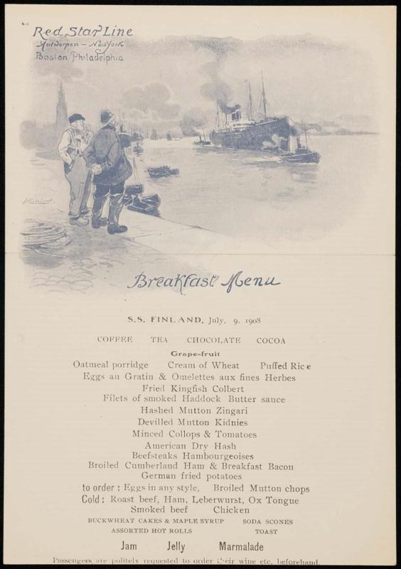 S.S. Finland, July 9, 1908, Breakfast Menu