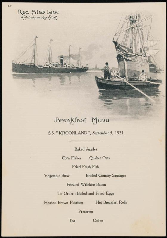 S.S. "Kroonland", September 5, 1921, Breakfast Menu