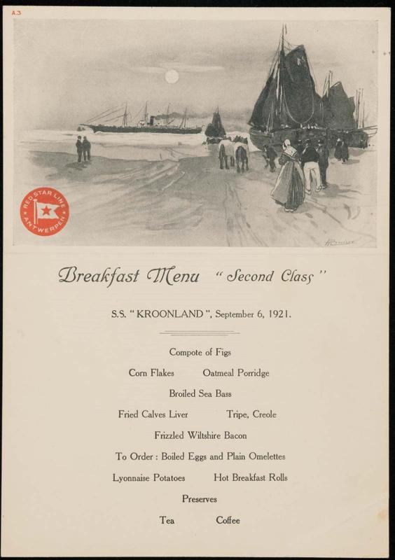 S.S. "Kroonland", September 6, 1921, Breakfast Menu "Second Class"