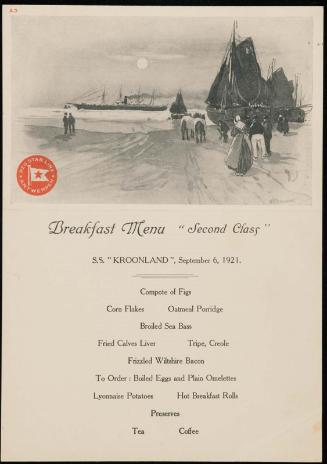 S.S. "Kroonland", September 6, 1921, Breakfast Menu "Second Class"