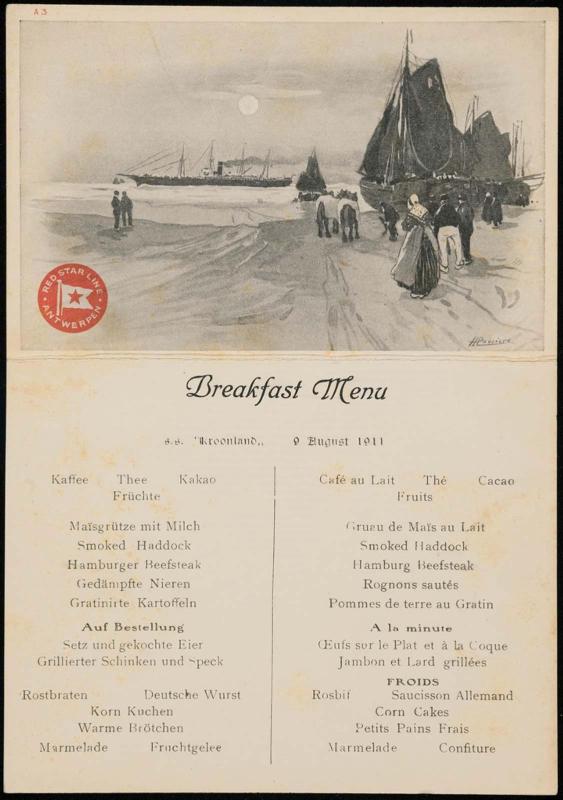 S.S. "Kroonland", 9 August 1911, Breakfast Menu