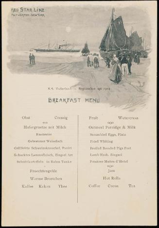 S.S. Vaderland, September 1st 1904, Breakfast Menu