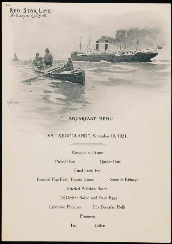 S.S. "Kroonland", September 10, 1921, Breakfast Menu