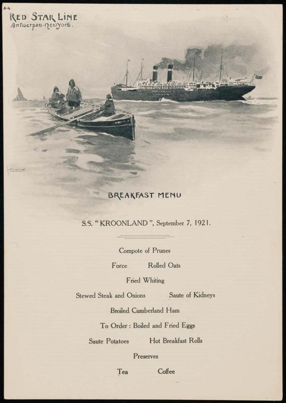 S.S. "Kroonland", September 7, 1921, Breakfast Menu