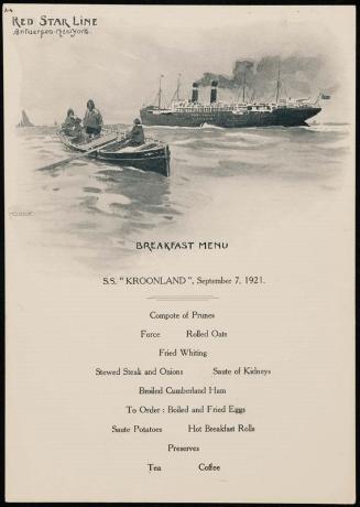 S.S. "Kroonland", September 7, 1921, Breakfast Menu