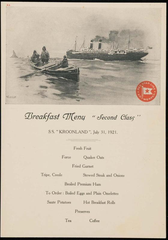 S.S. "Kroonland", July 31, 1921, Breakfast Menu "Second Class"